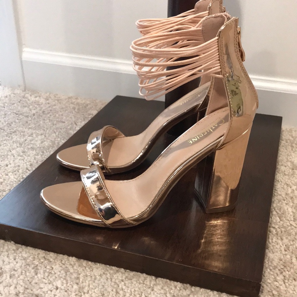 Final Price- CATHERINE MALANDRINO Metallic Rose Gold Ankle-Strap Heels - Picture 3 of 16